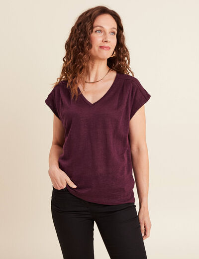T-shirt col v manches courtes en lin prune femme