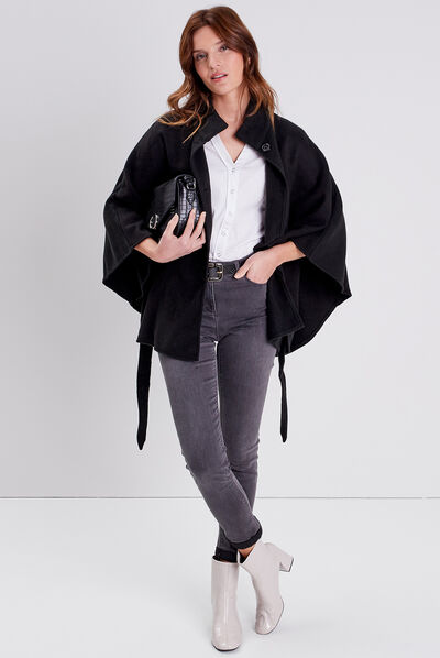 Poncho boutonné ceinturé noir femme