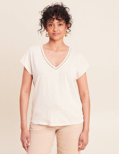 T-shirt col v manches courtes aspect lin beige femme