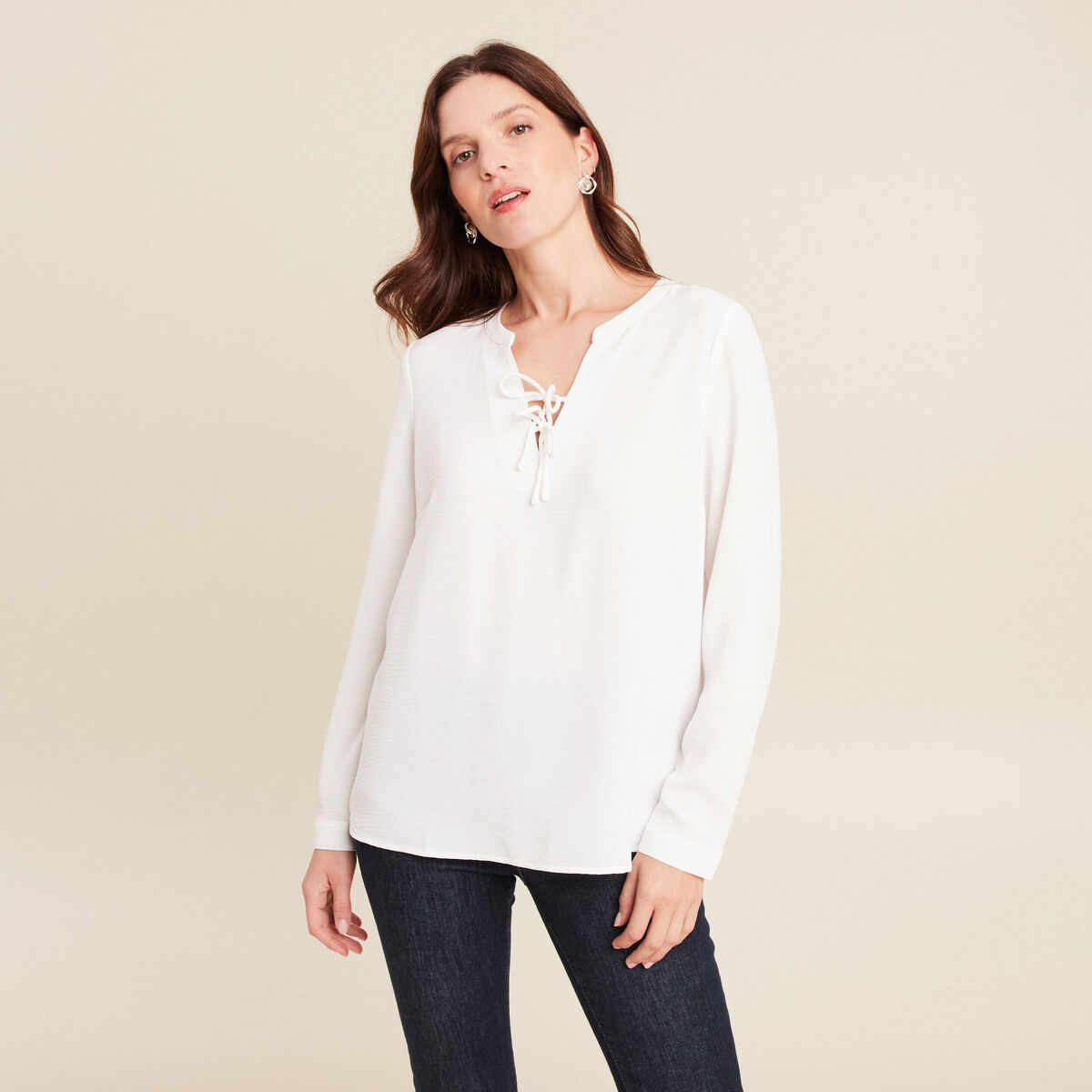 Blouse fluide n&oelig;uds manches longues ecru femme