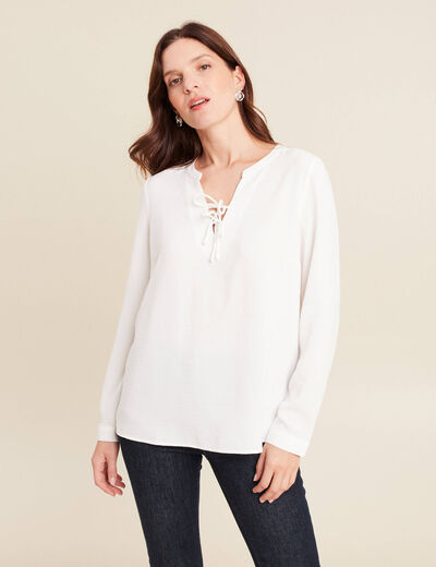Blouse fluide nœuds manches longues ecru femme