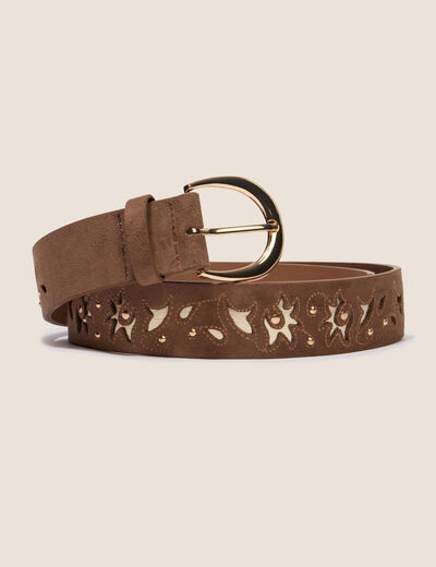 Ceinture large aspect daim iris&eacute; taupe femme