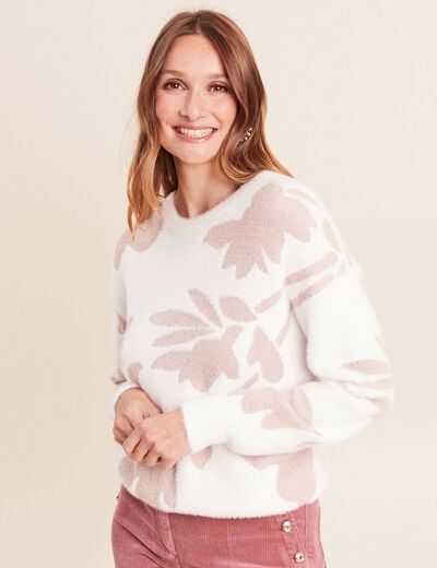 Pull col rond manches longues beige femme