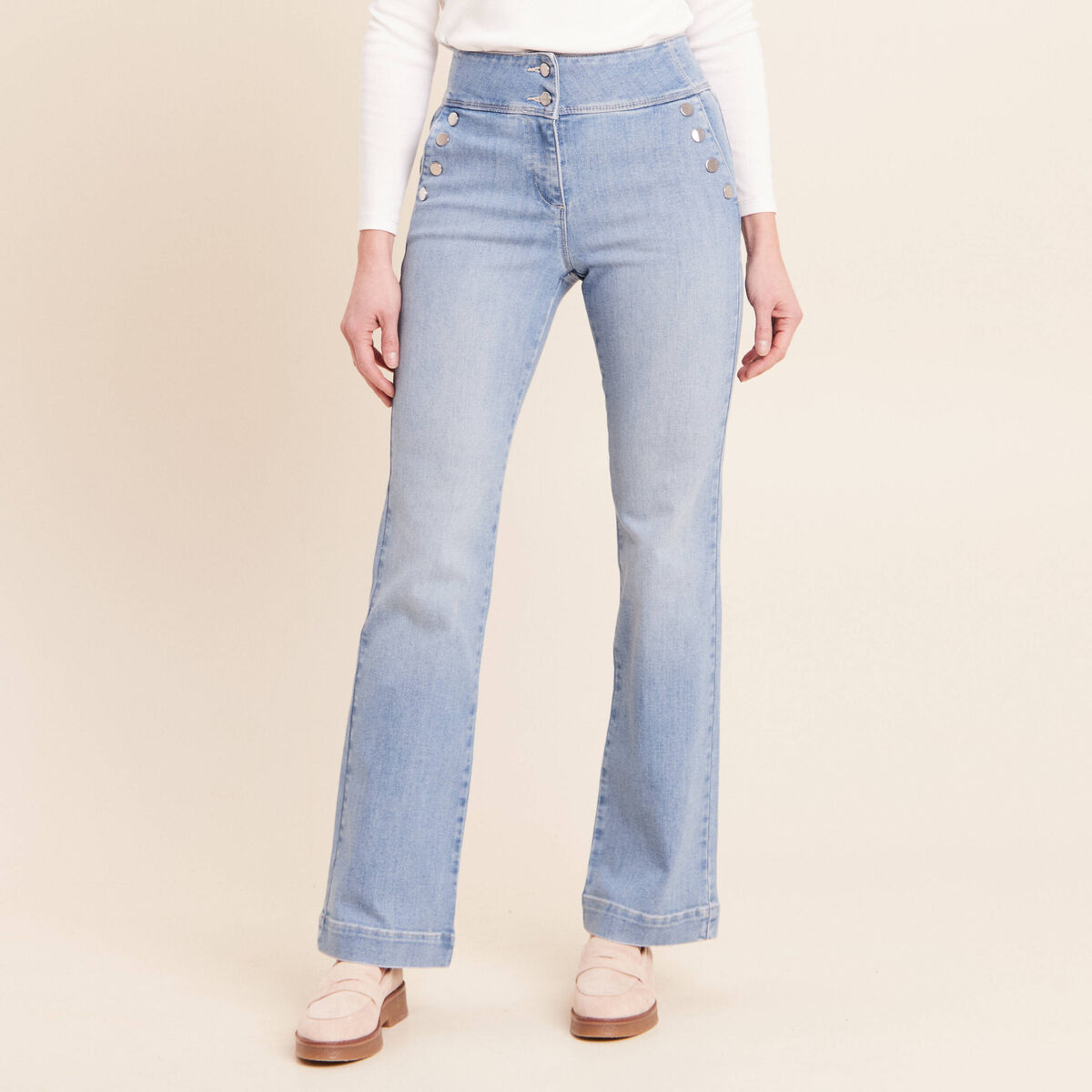 Jean coupe bootcut taille haute denim bleach femme