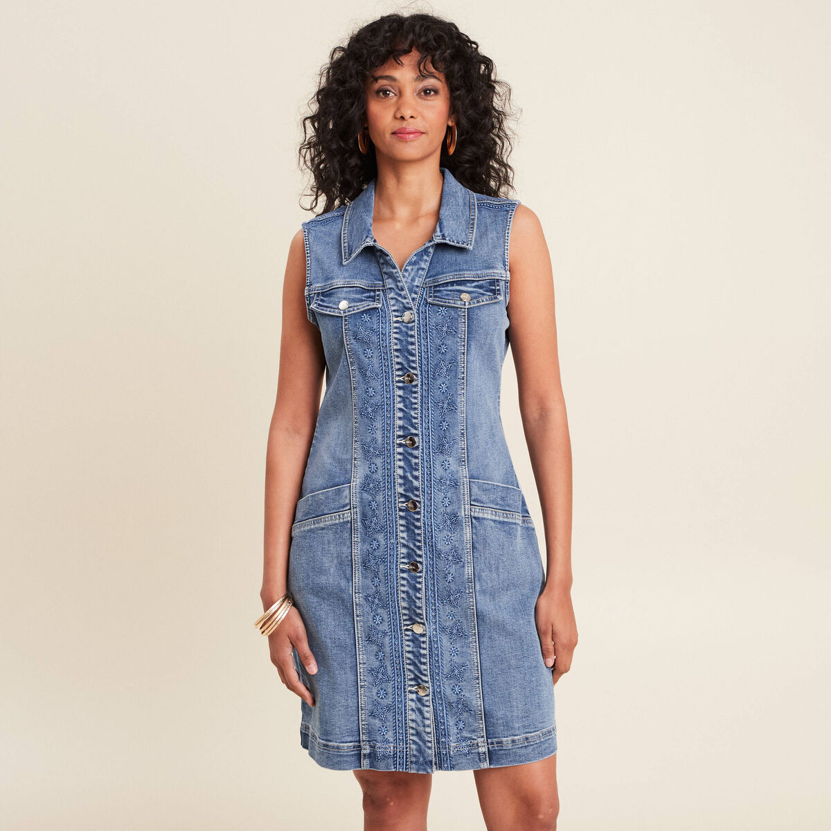 Robe droite brodée en jean denim double stone femme