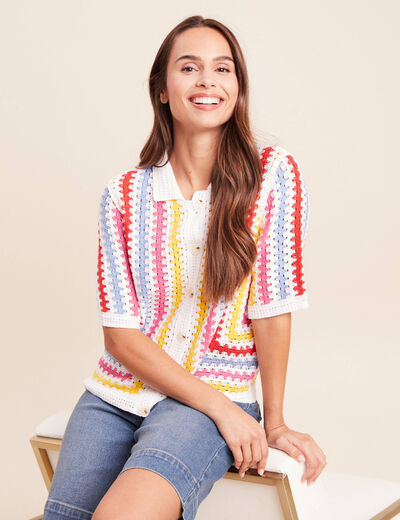 Polo manches courtes aspect macram&eacute; multicolore femme