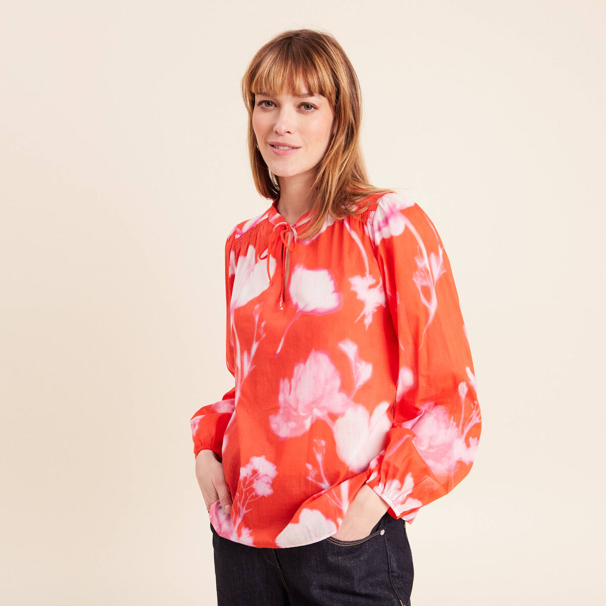 Blouse ample en voile manches longues rouge femme
