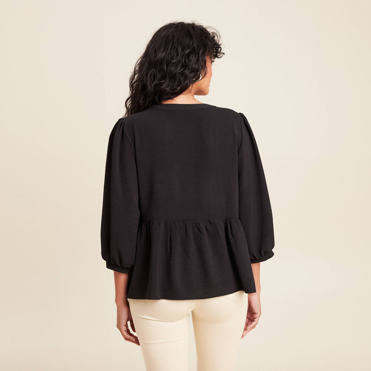 blouse ample col rond manches 3/4 noir femme