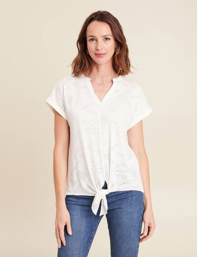 T-shirt col tunisien manches courtes blanc femme