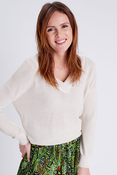 Pull col en V couleur or femme