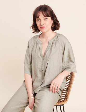 Blouse ample col v manches 3/4 vert clair femme