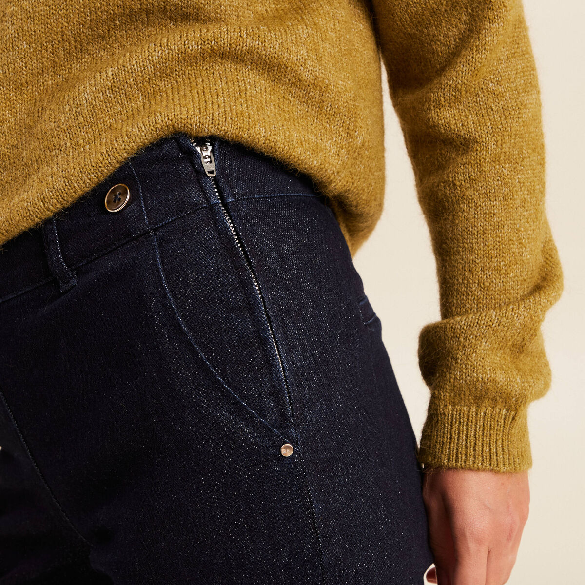 Jean large taille haute &agrave; paillettes denim brut femme