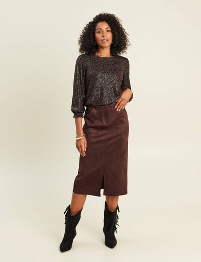 T-shirt col rond manches 3/4 marron fonc&eacute; femme