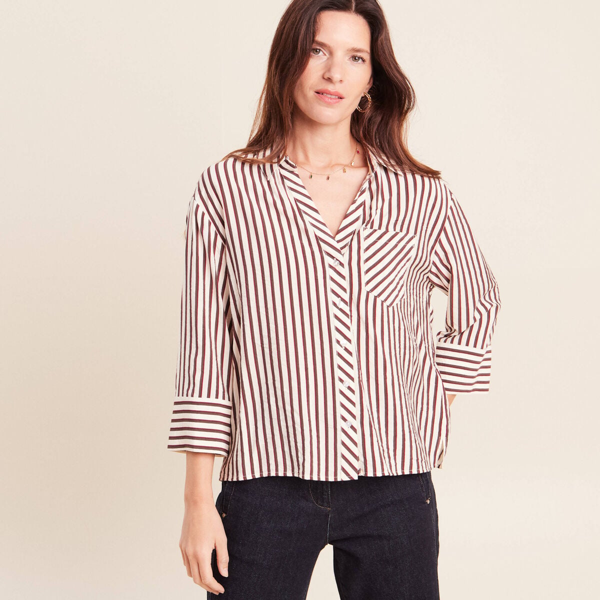 Chemise ample manches 3/4 marron femme