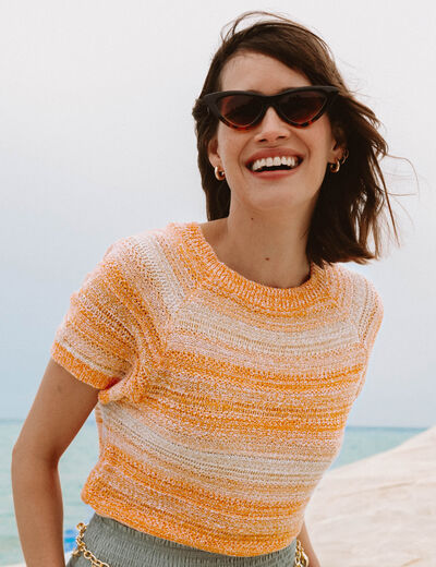 Pull col v manches courtes orange fluo femme