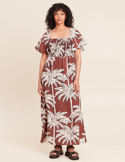 Robe longue &eacute;vas&eacute;e col carr&eacute; marron femme