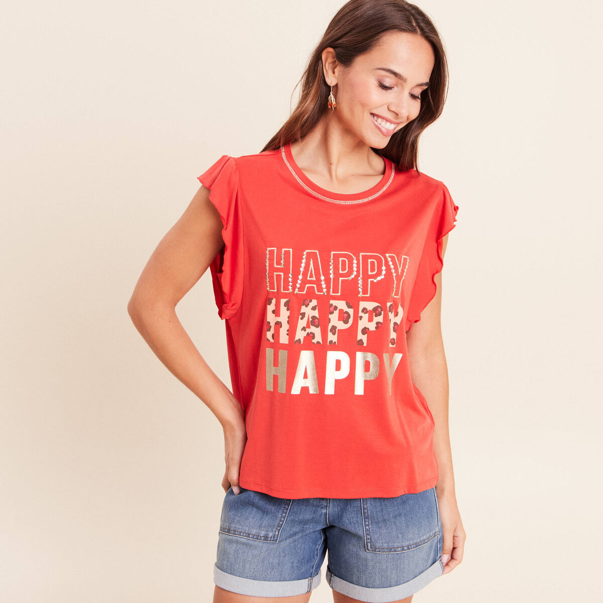 T-shirt manches courtes &agrave; volants orange fonc&eacute; femme