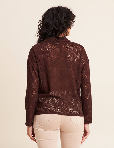 Polo manches 3/4 aspect dentelle marron fonc&eacute; femme