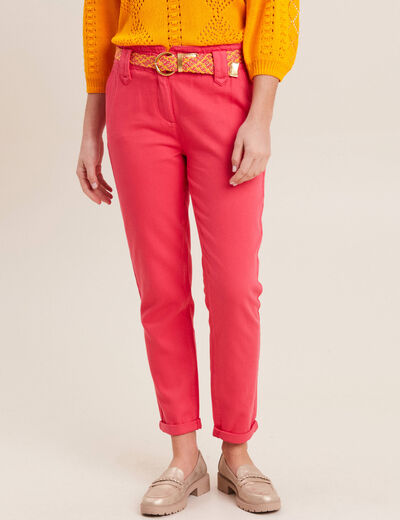 Pantalon carotte ceinturé rose cerise femme