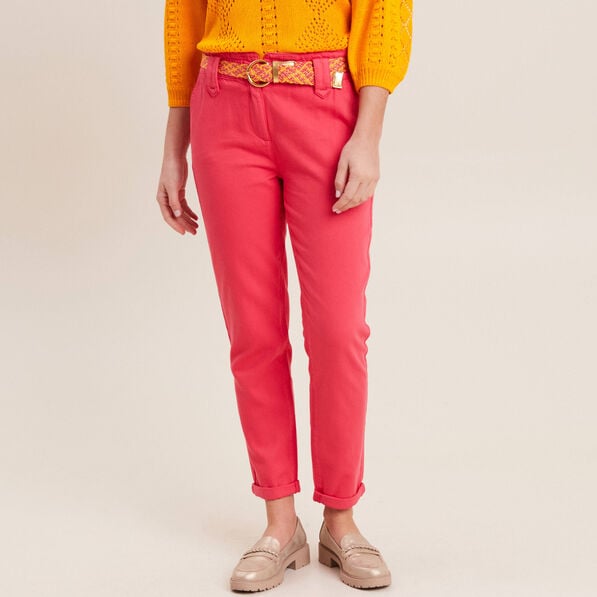 pantalon carotte ceinture rose cerise femme Pantalon carotte ceinturé rose cerise femme