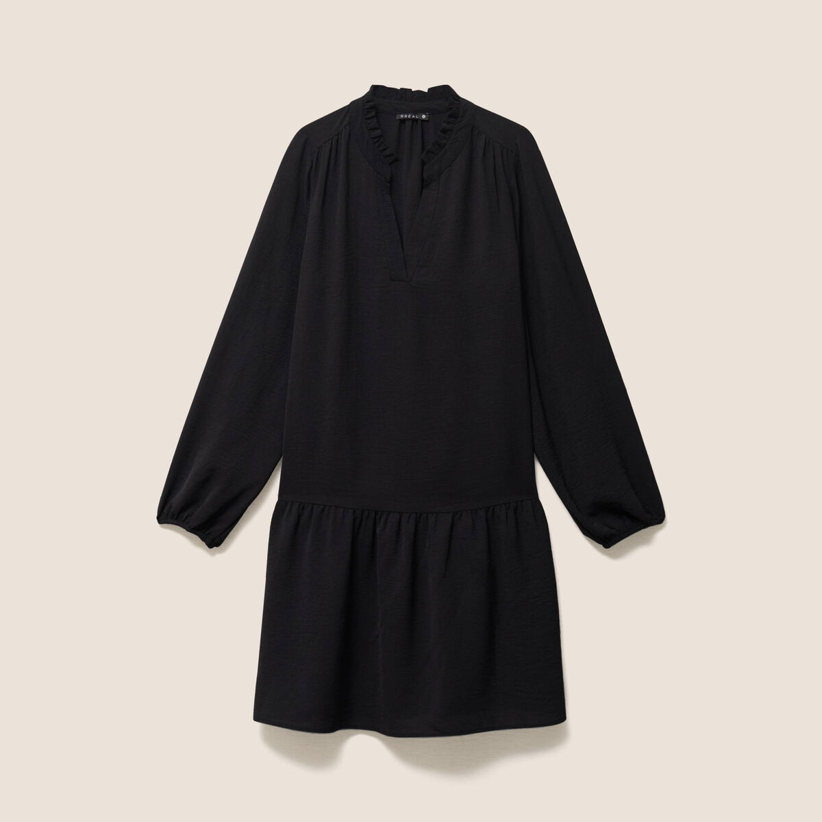 Robe courte &eacute;vas&eacute;e col v manches longues noir femme