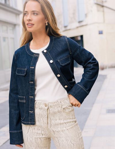 Veste sans col denim brut femme