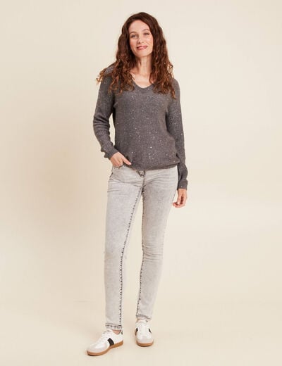 Pull col v manches longues &agrave; sequins gris fonc&eacute; femme