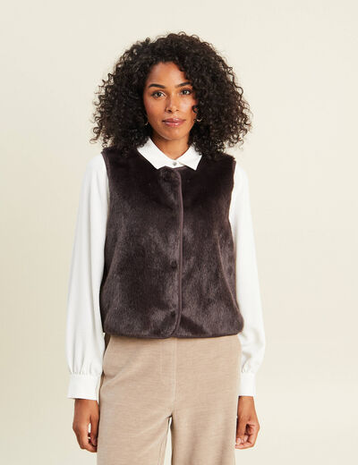 Gilet droit sans manches fausse fourrure marron fonc&eacute; femme