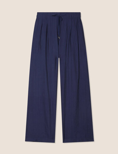 Pantalon fluide taille haute bleu marine femme