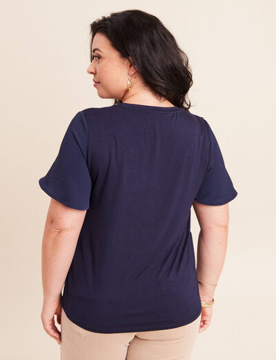 T-shirt bi-mati&egrave;re manches courtes bleu marine femme