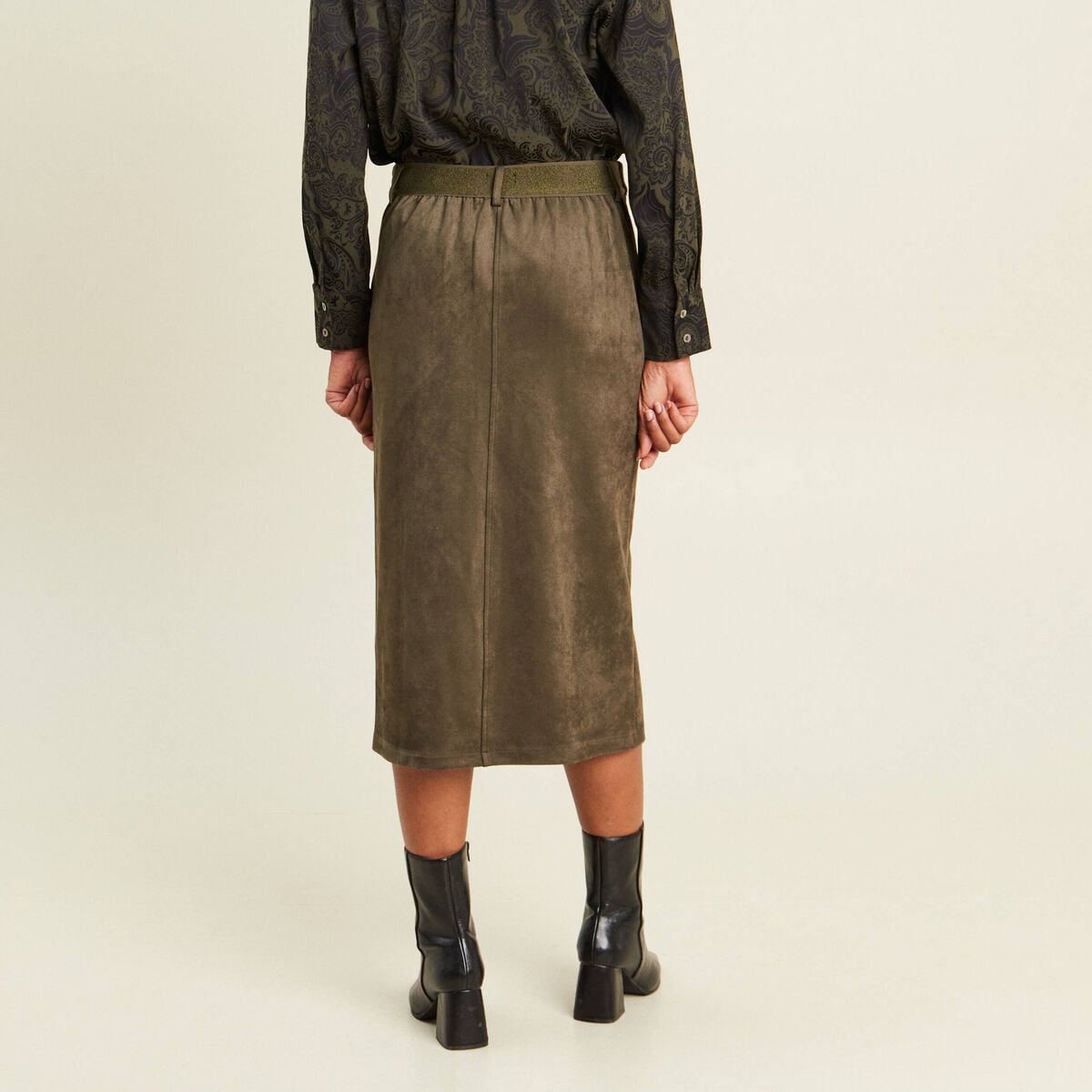 Jupe longue droite su&eacute;dine vert kaki femme