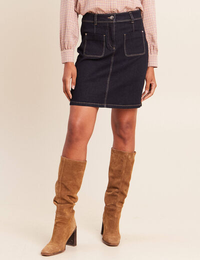 Jupe courte trap&egrave;ze en jean denim brut femme