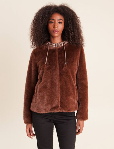 Manteau &agrave; capuche fausse fourrure marron fonc&eacute; femme