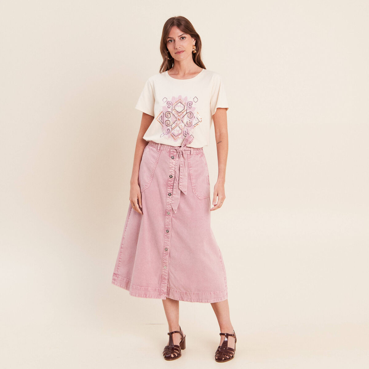 Jupe longue &eacute;vas&eacute;e rose femme