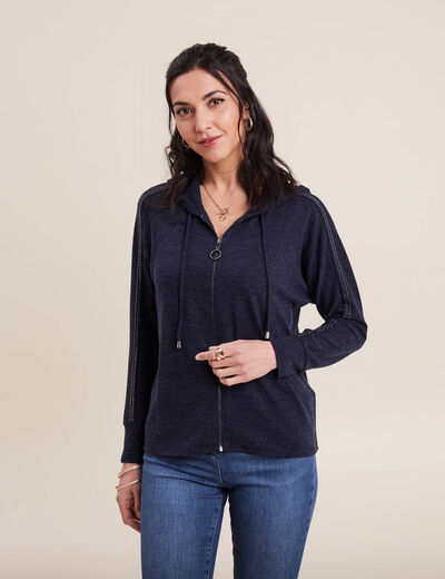 Gilet manches longues capuche bleu marine femme