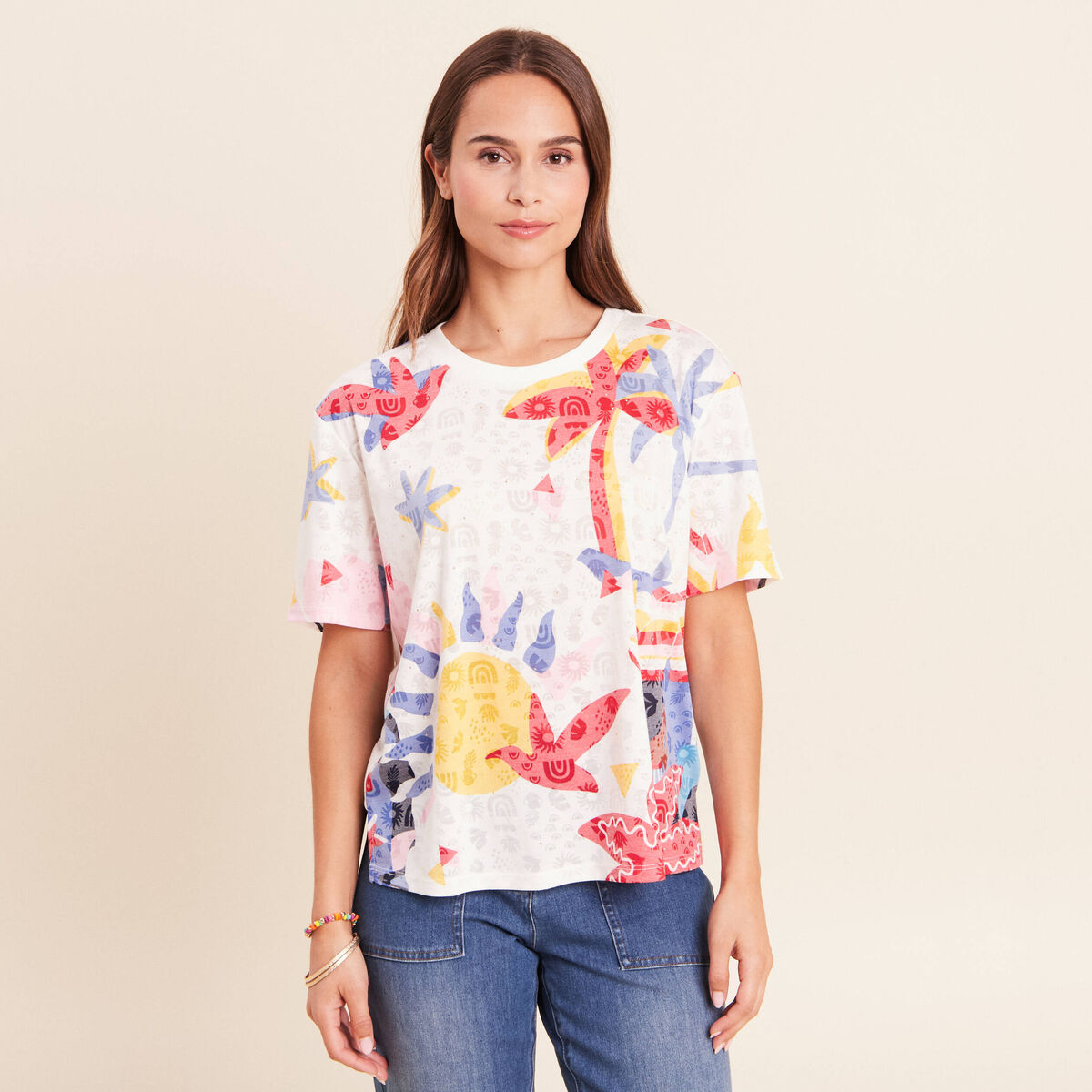 T-shirt ample col rond manches courtes blanc femme