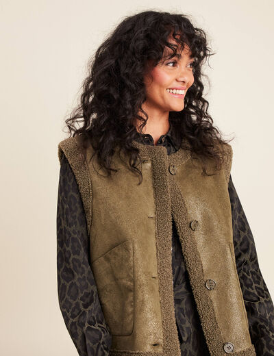 Gilet réversible laine mouton vert kaki femme