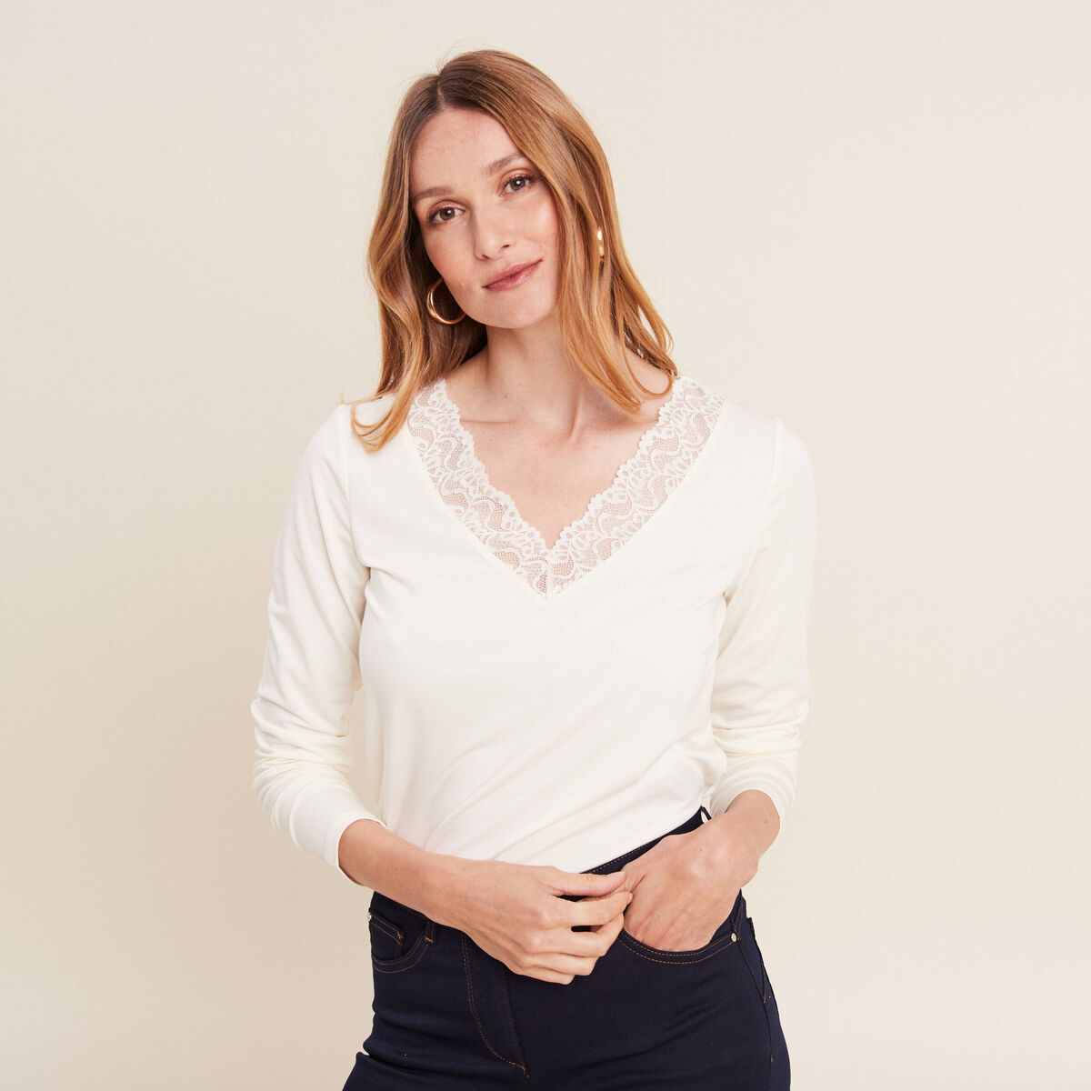 T-shirt thermo-douceur manches longues ecru femme