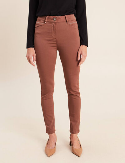 Pantalon coupe ajust&eacute;e taille haute marron femme