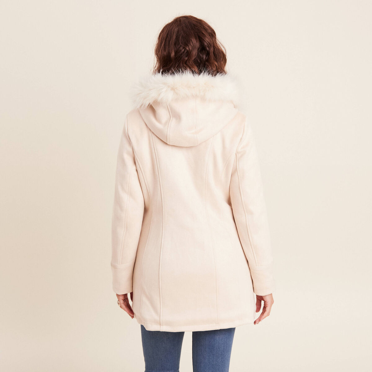 Manteau su&eacute;dine &agrave; capuche creme femme