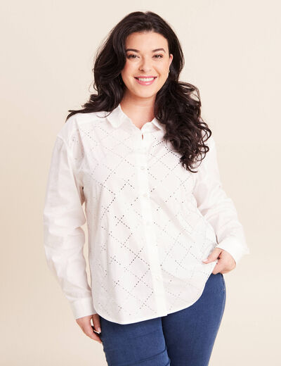 Chemise manches longues en coton strass blanc femme