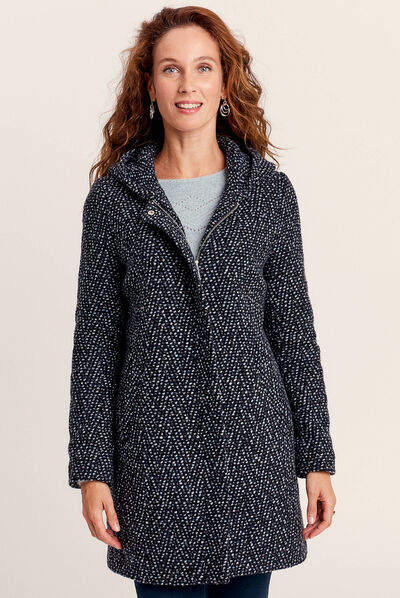 Manteau droit à capuche bleu marine femme