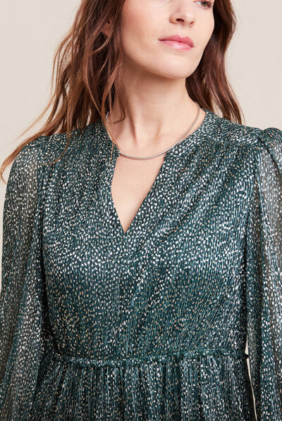 Robe évasée plissée vert foncé femme