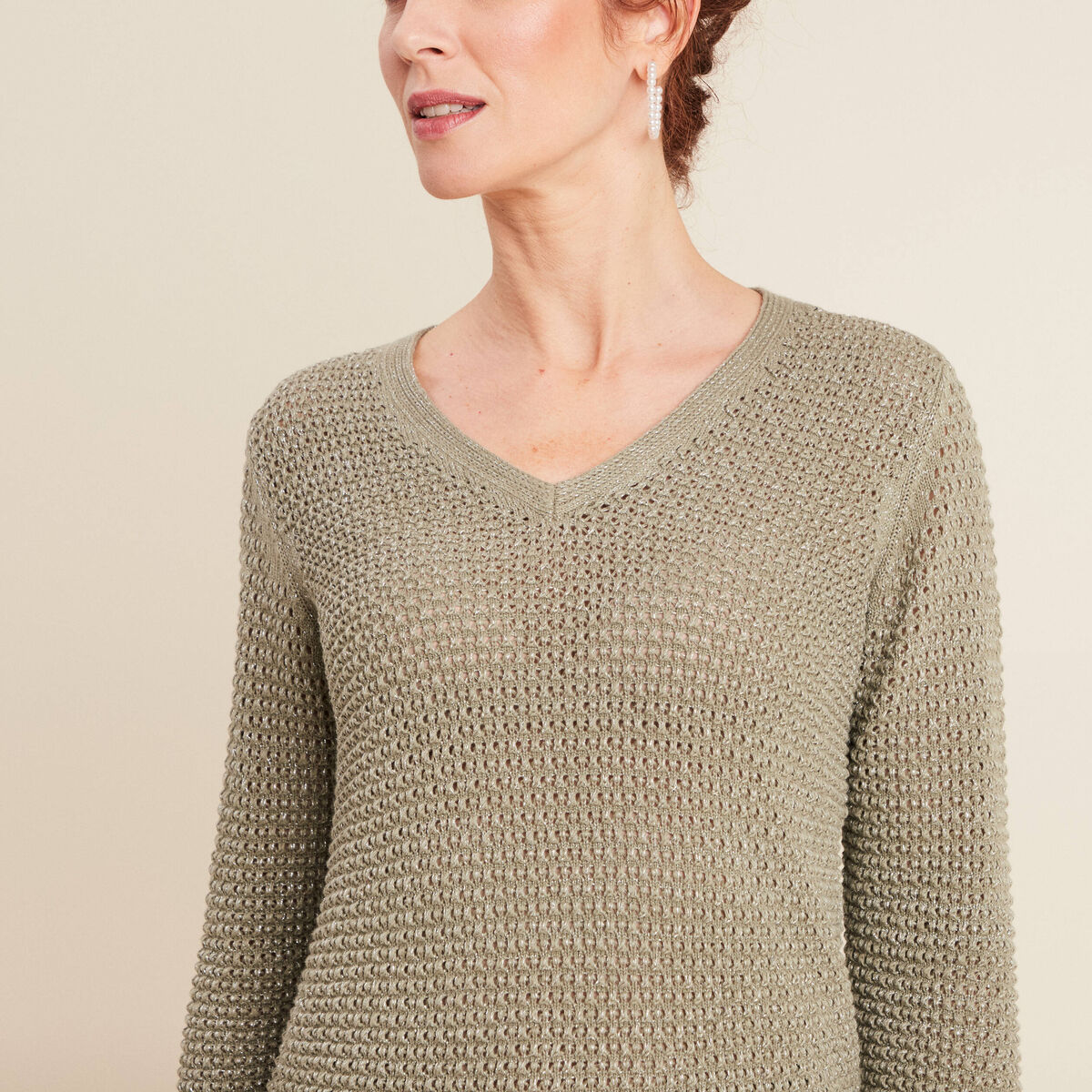 Pull manches longues col en V vert clair femme