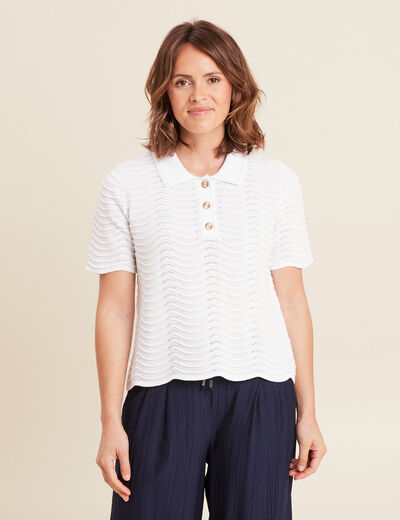 Pull manches courtes col polo blanc femme