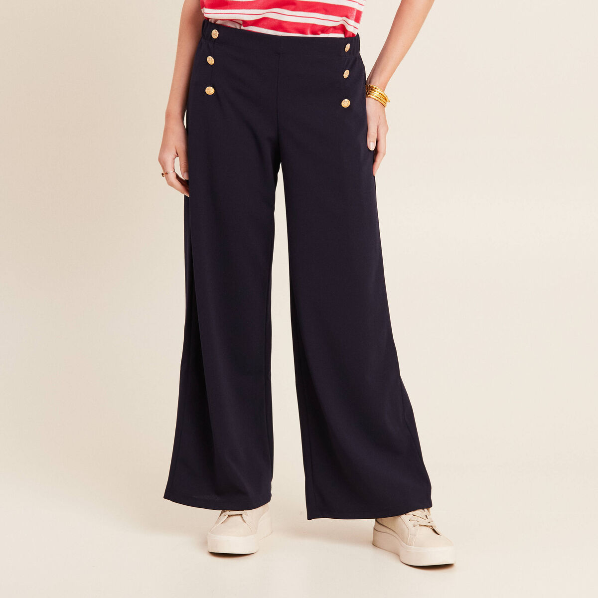 Pantalon coupe large &agrave; pont bleu fonc&eacute; femme