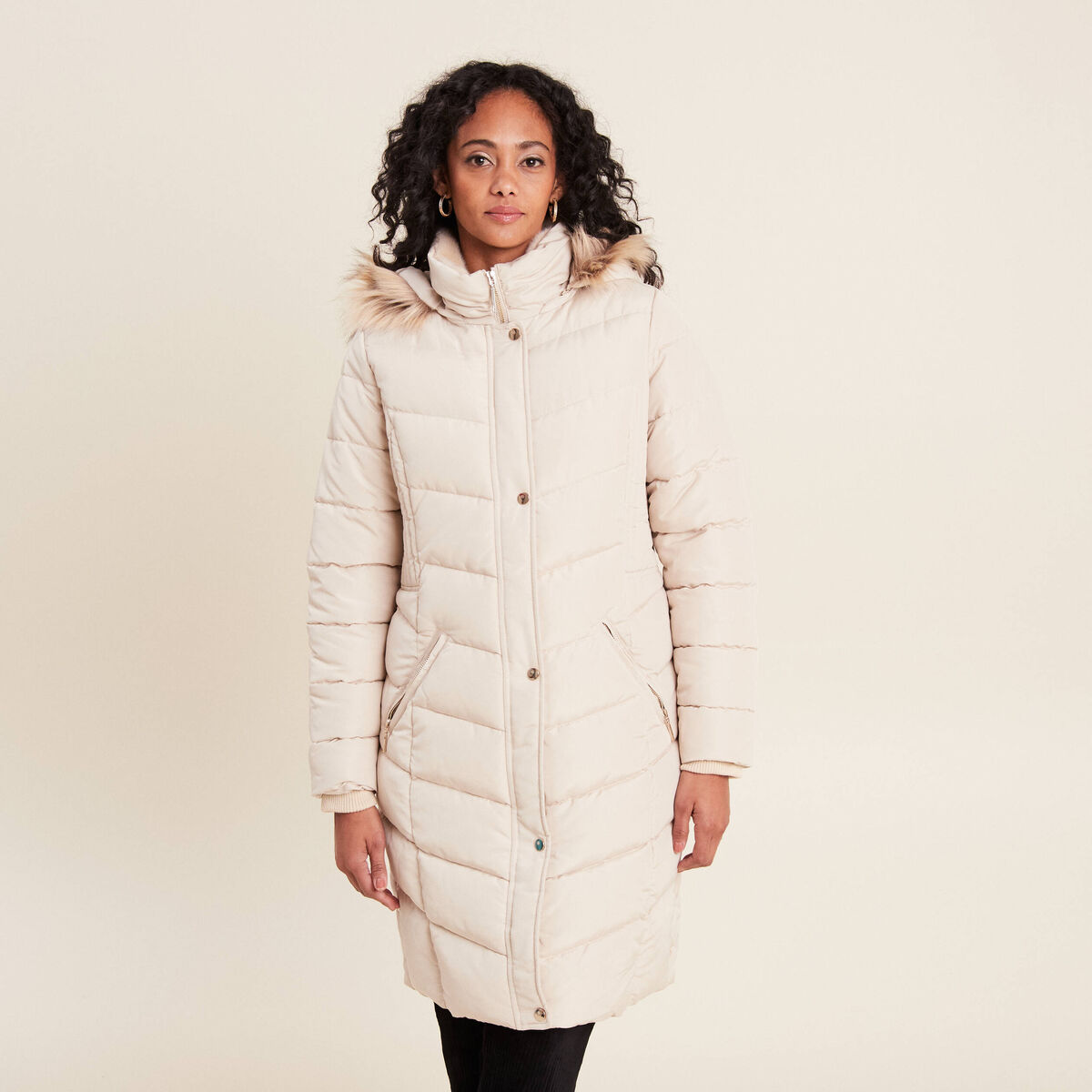 Doudoune déperlante longue à capuche beige femme