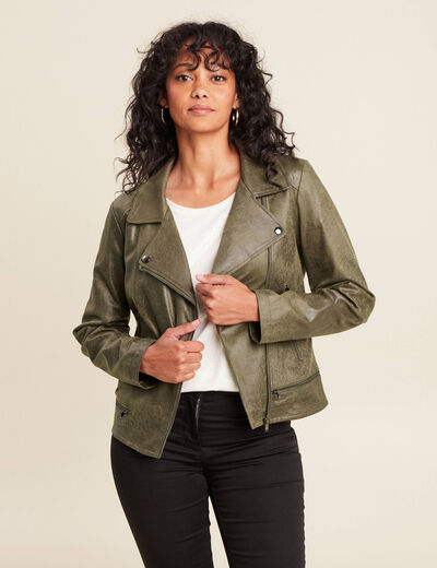 Veste esprit motard zippée vert kaki femme