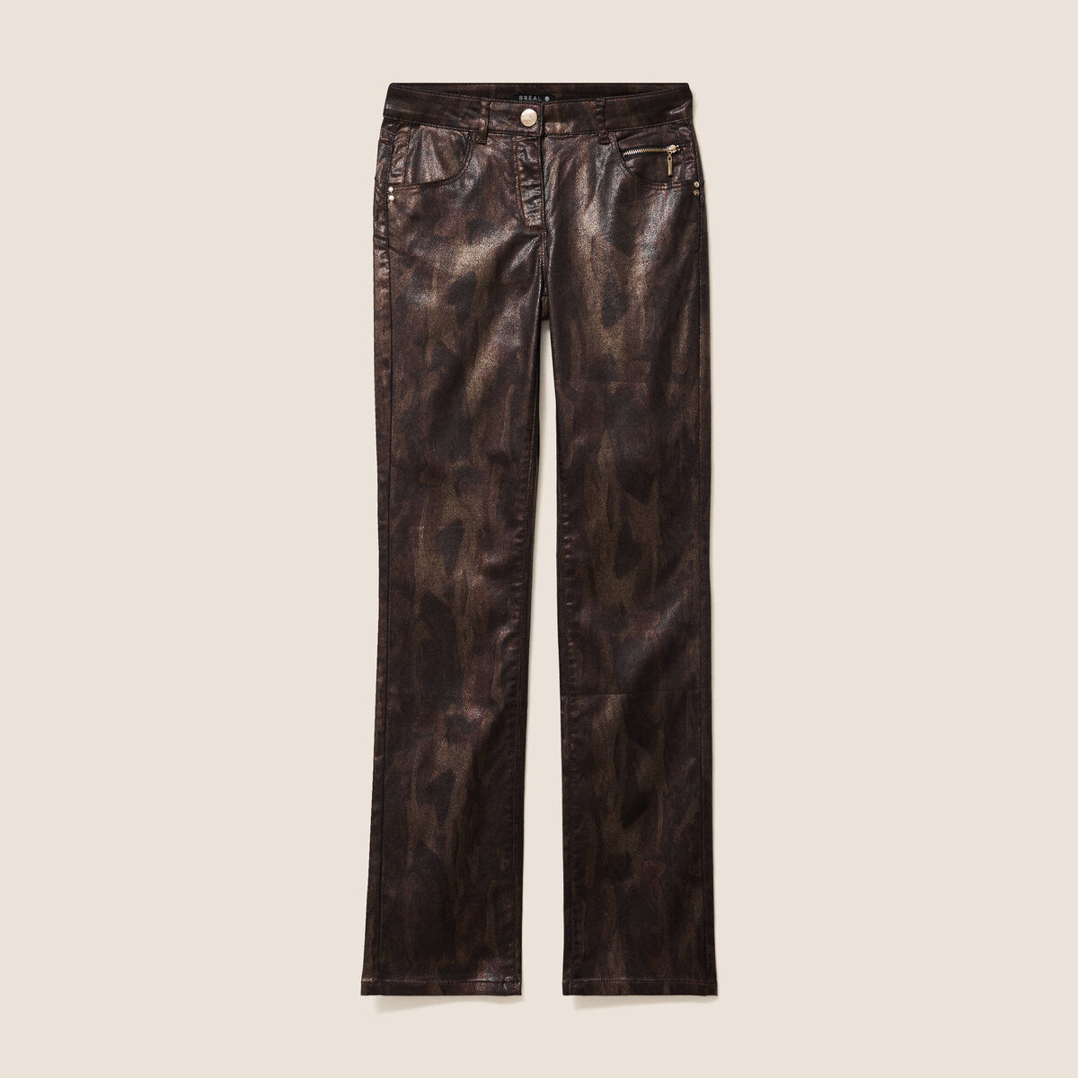 Pantalon taille bascul&eacute;e enduit marron fonc&eacute; femme