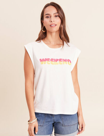 T-shirt col rond sans manches ecru femme